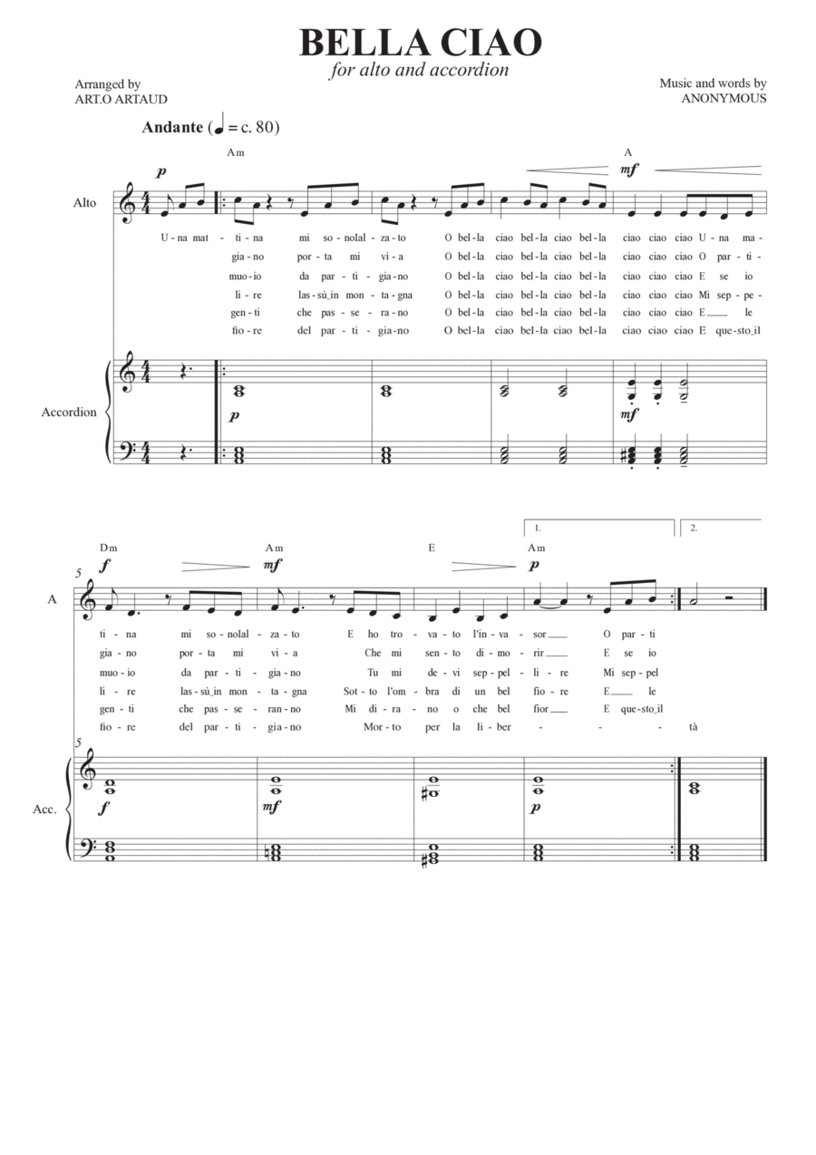 Bella Ciao Alto Voice scores gallery preview page 1