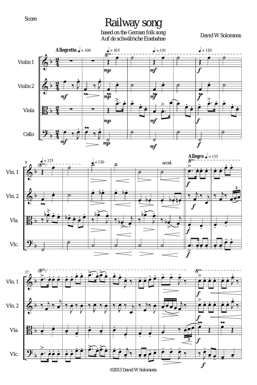 Railway Song (Auf de schwäb'sche Eisebahne) for string quartet String Quartet scores gallery preview page 1
