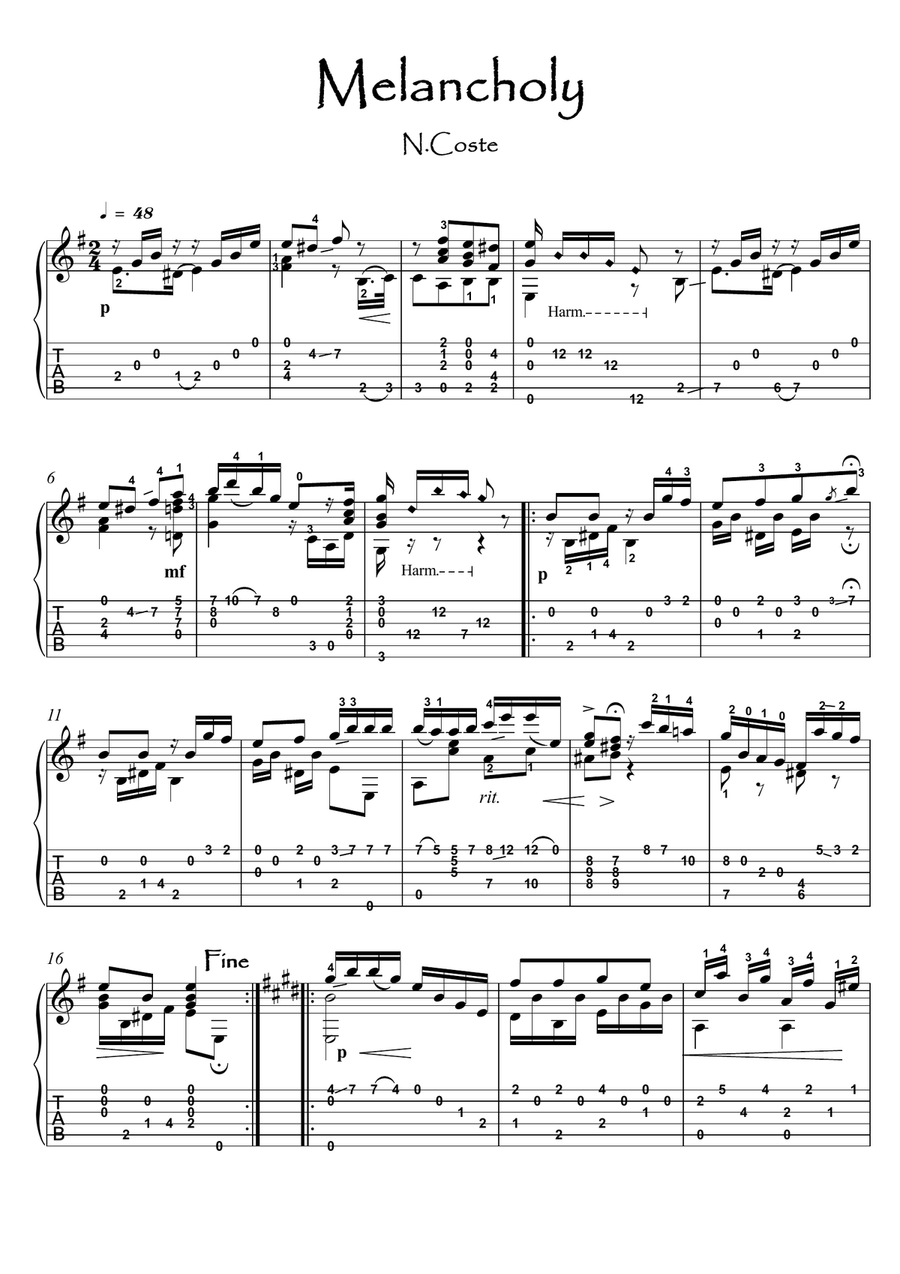 Melancholy by Napoleon Coste for classical guitar image number null