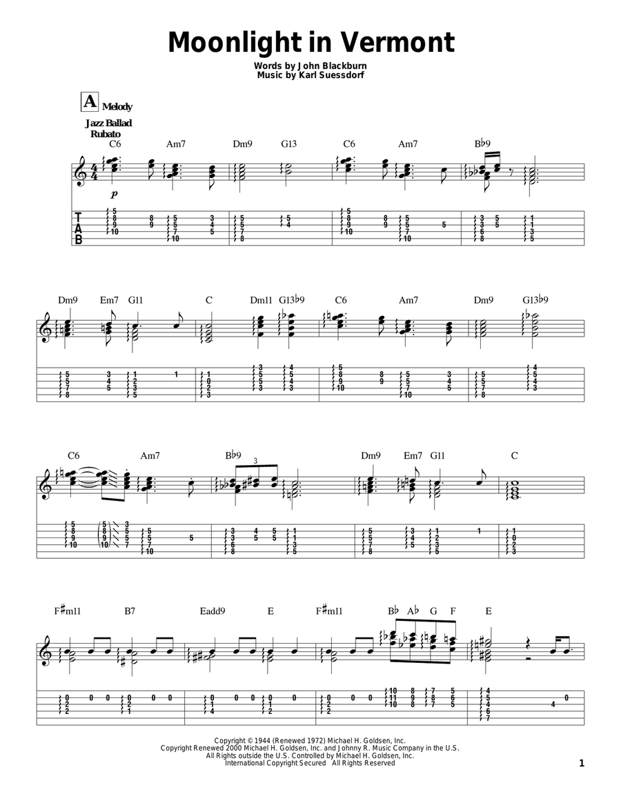 Moonlight In Vermont Guitar Tablature scores gallery preview page 1