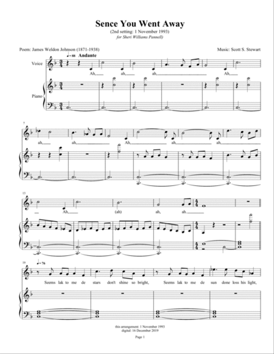 Sence You Went Away (James Weldon Johnson) Voice scores gallery preview page 1