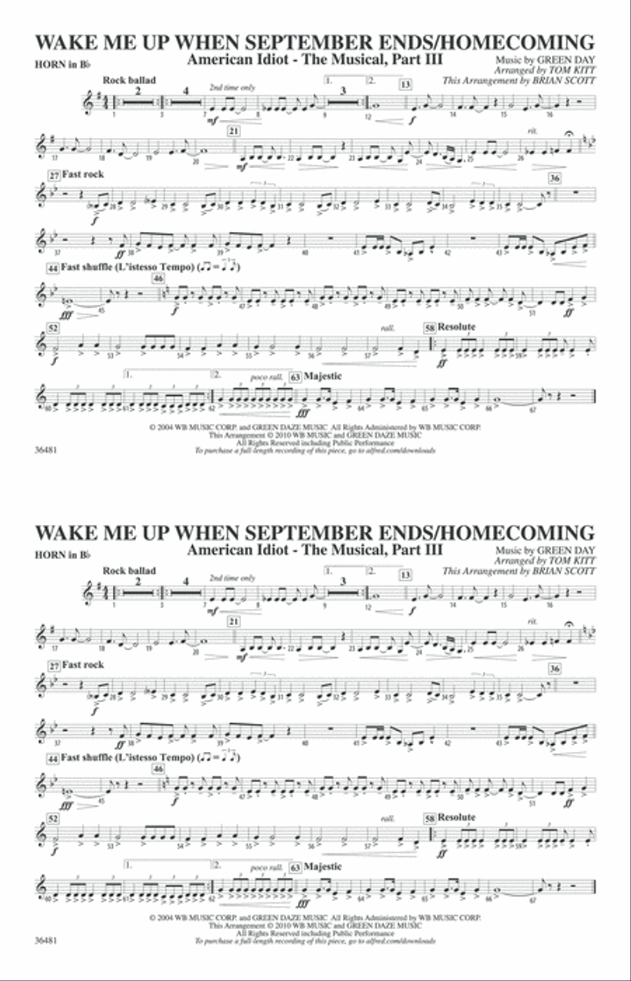 Wake Me Up When September Ends / Homecoming: Horn in B flat Marching Band scores gallery preview page 1