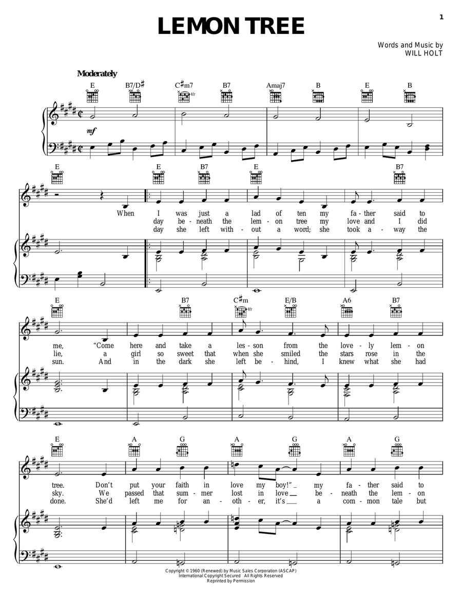Lemon Tree Piano, Vocal, Guitar scores gallery preview page 1