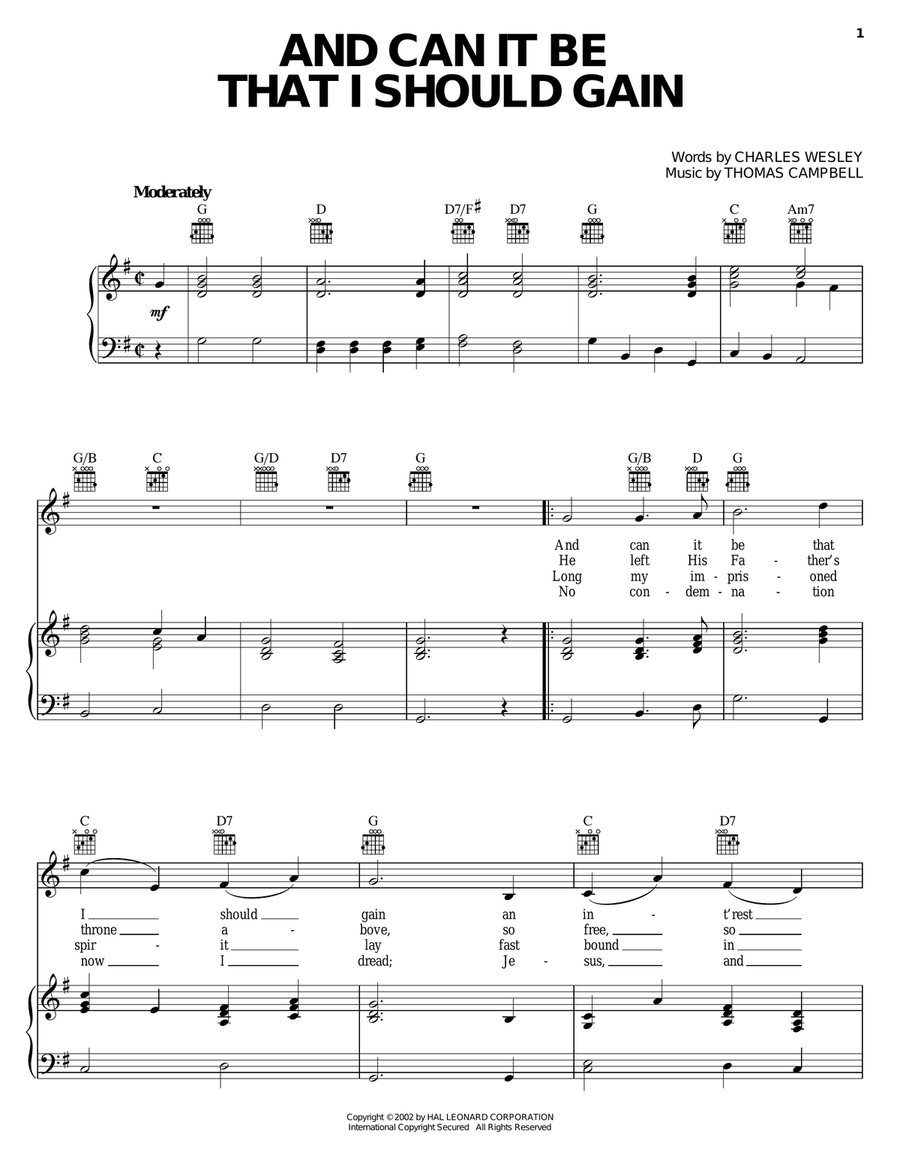And Can It Be That I Should Gain Piano, Vocal, Guitar scores gallery preview page 1