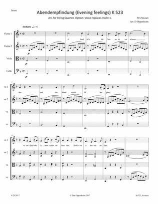 Mozart: Lied - Abendempfindung (Evening feelings) K 523 Arr. for String Quartet. Option: Voice repla