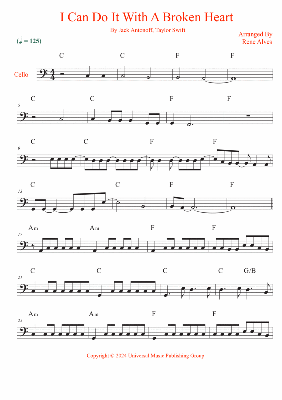 I Can Do It With A Broken Heart Cello Solo scores gallery preview page 1