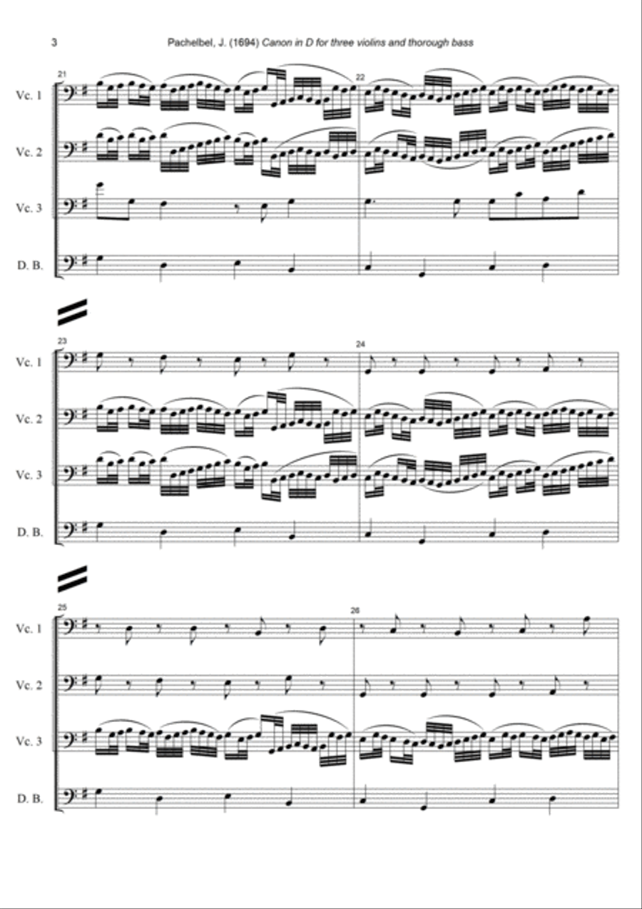 J. Pachelbel - Canon in D-dur, arr. for 3 Cellos & Double Bass String Duet scores gallery preview page 3