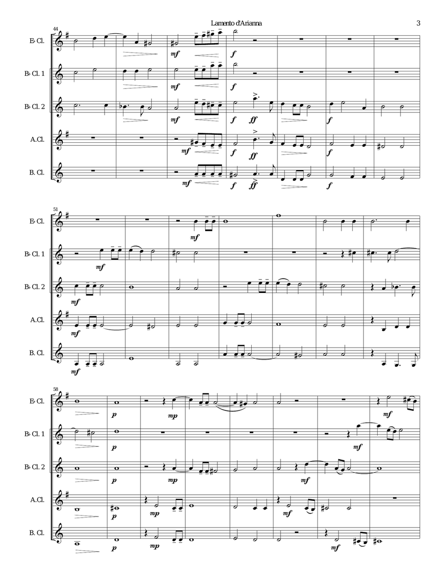 Lamento d'Arianna for clarinet quintet Clarinet Quintet scores gallery preview page 3