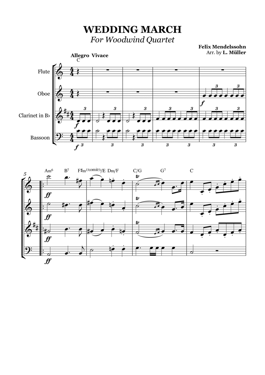 Wedding March - Woodwind - With chords Woodwind Quartet scores gallery preview page 1