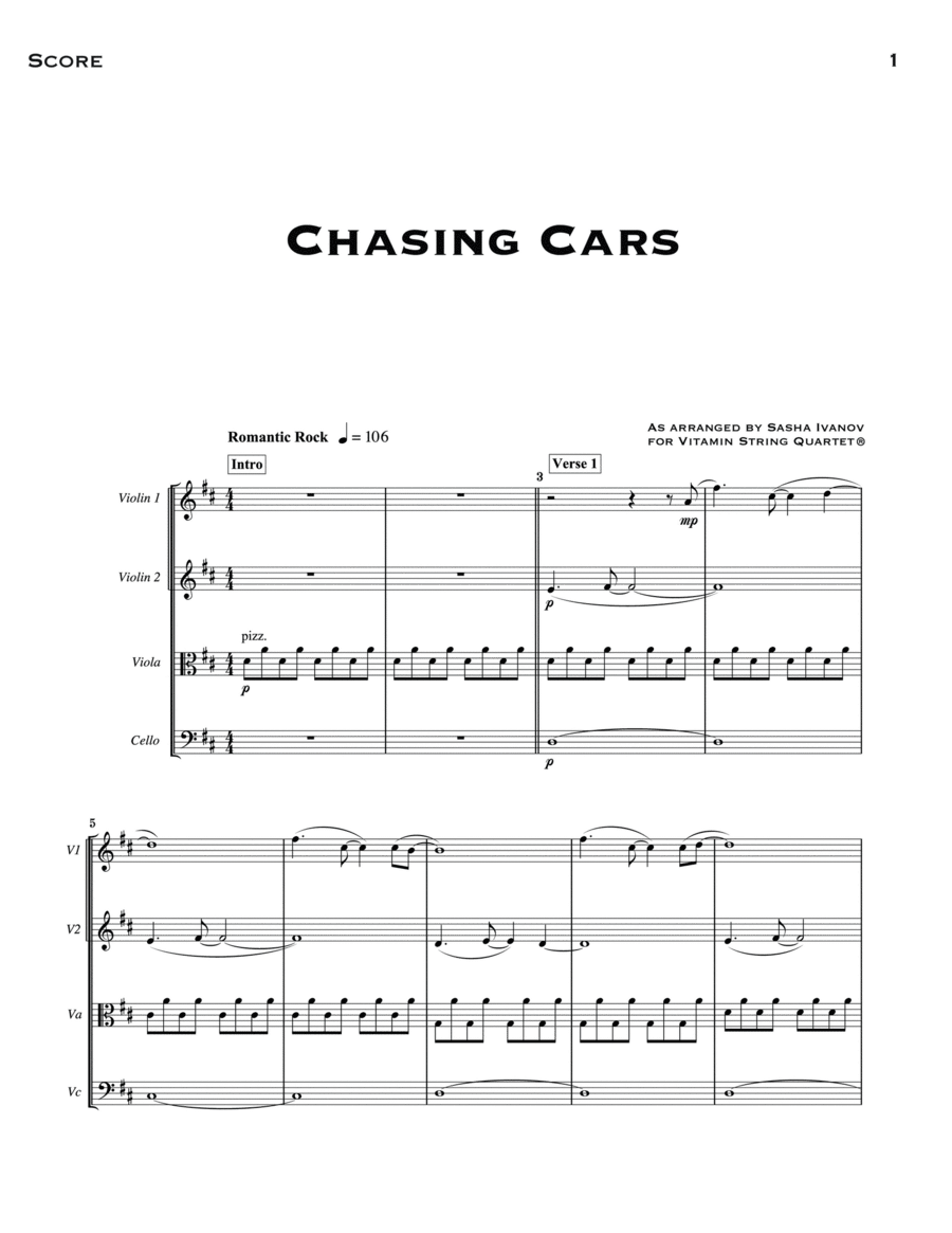 Chasing Cars (arr. Sasha Ivanov) - Full Score String Quartet scores gallery preview page 1