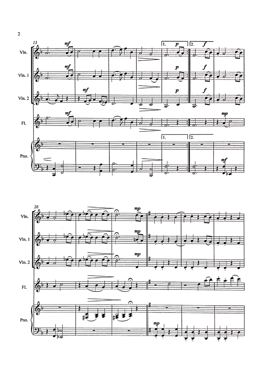 Mozart Melody for violin trio, flute, and piano Small Ensemble scores gallery preview page 2