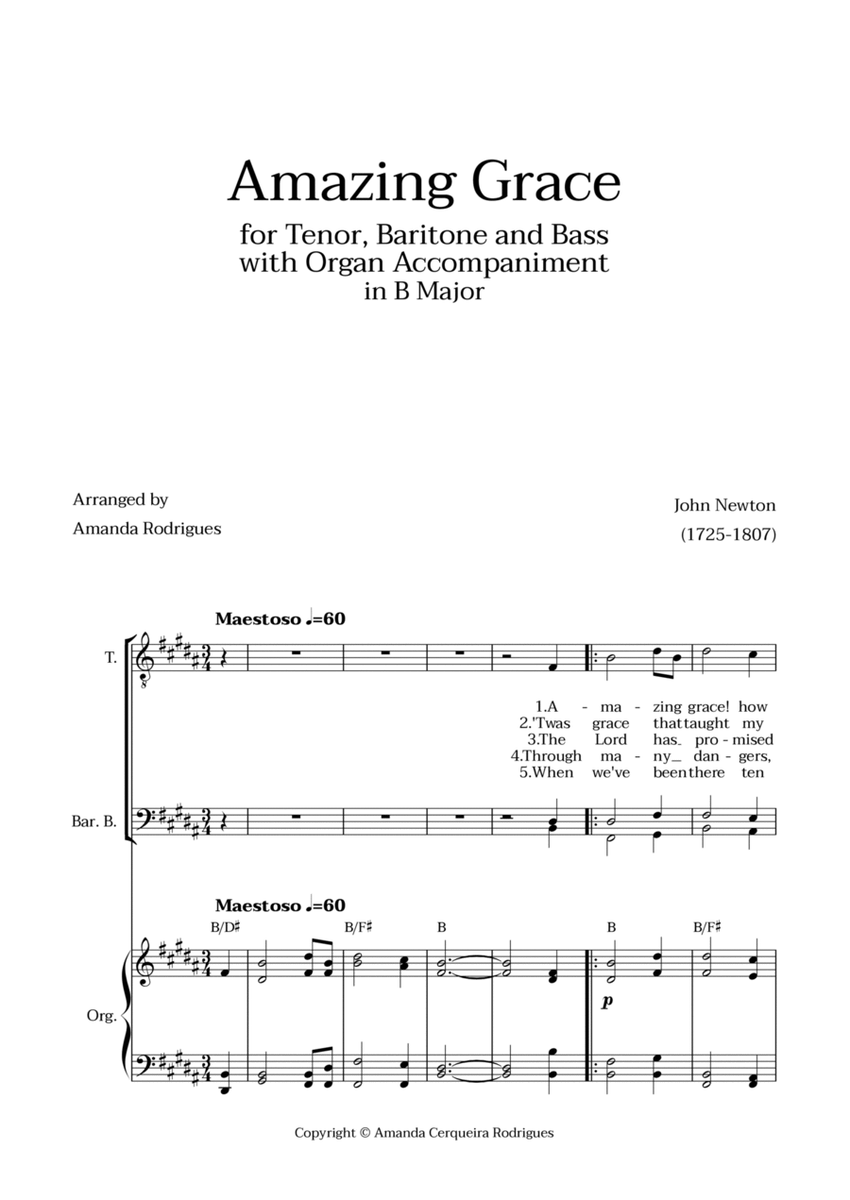 Amazing Grace in B Major - Tenor, Bass and Baritone with Organ Accompaniment and Chords image number null