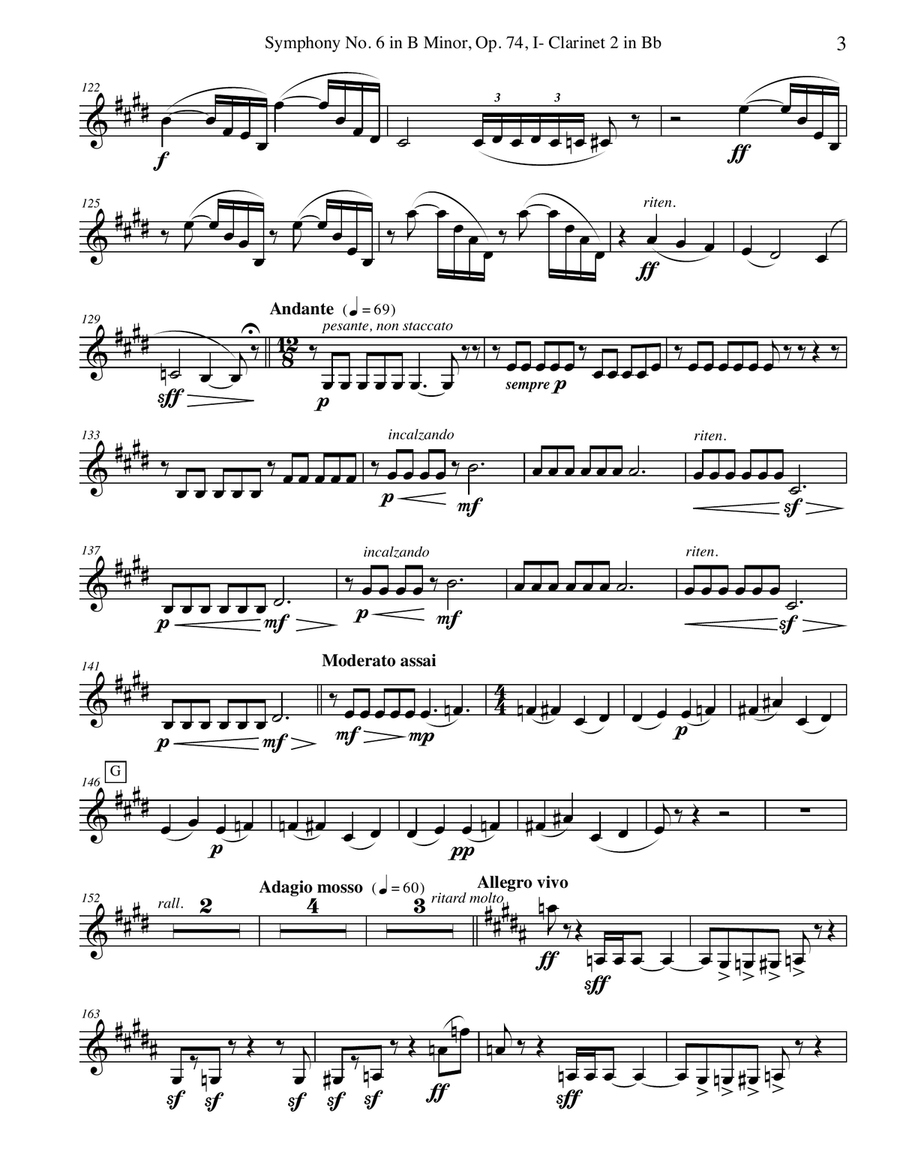 ‪Tchaikovsky‬ Symphony No. 6, Movement I - Clarinet in Bb 2 (Transposed Part), Op. 74 B-Flat Clarinet scores gallery preview page 3