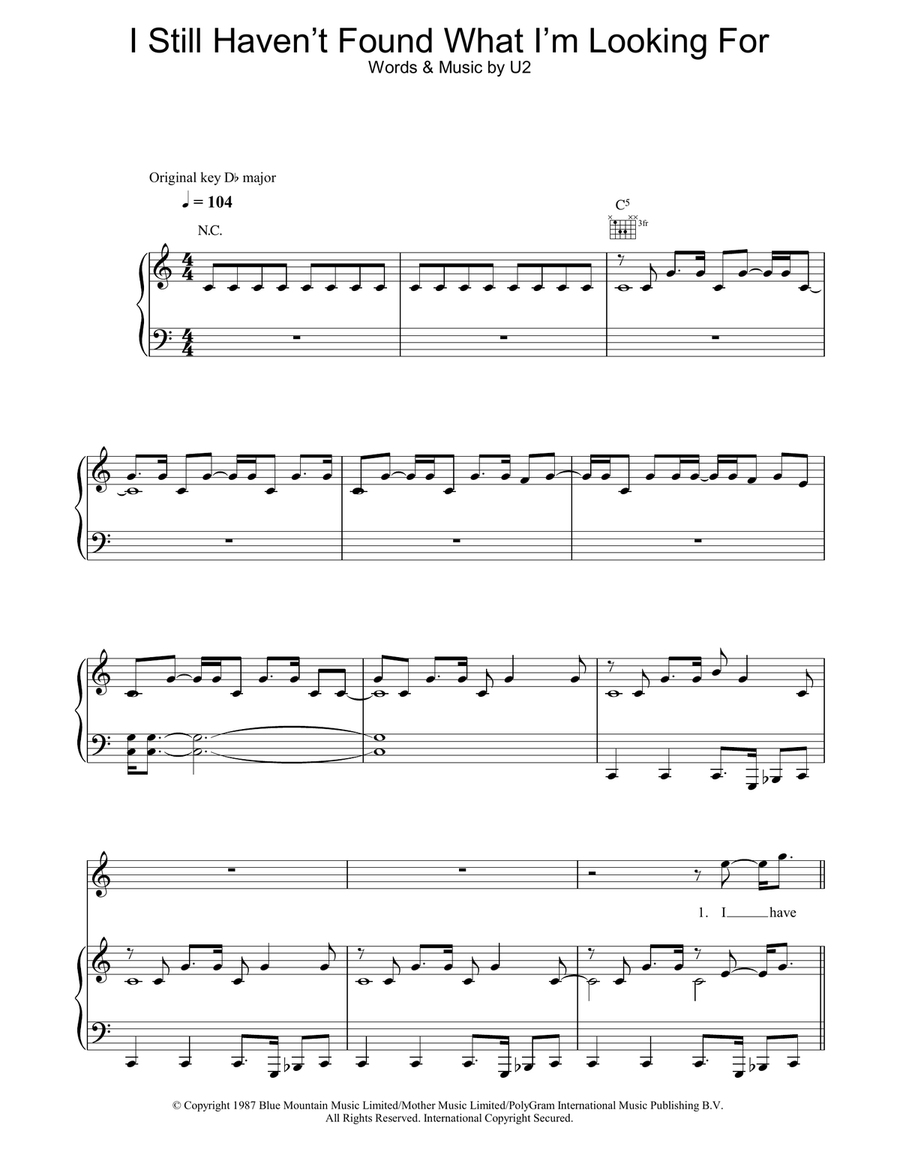 I Still Haven't Found What I'm Looking For Piano, Vocal, Guitar scores gallery preview page 1