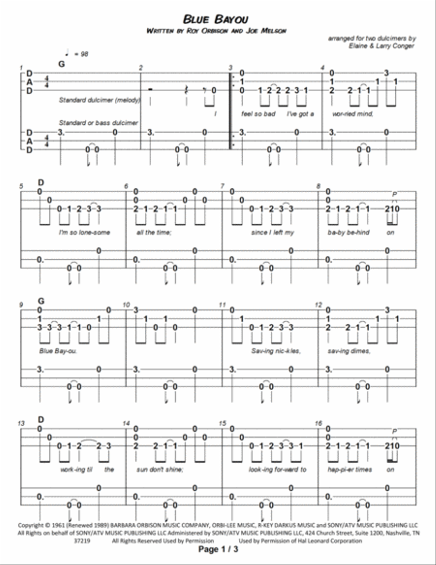 Blue Bayou Dulcimer scores gallery preview page 2