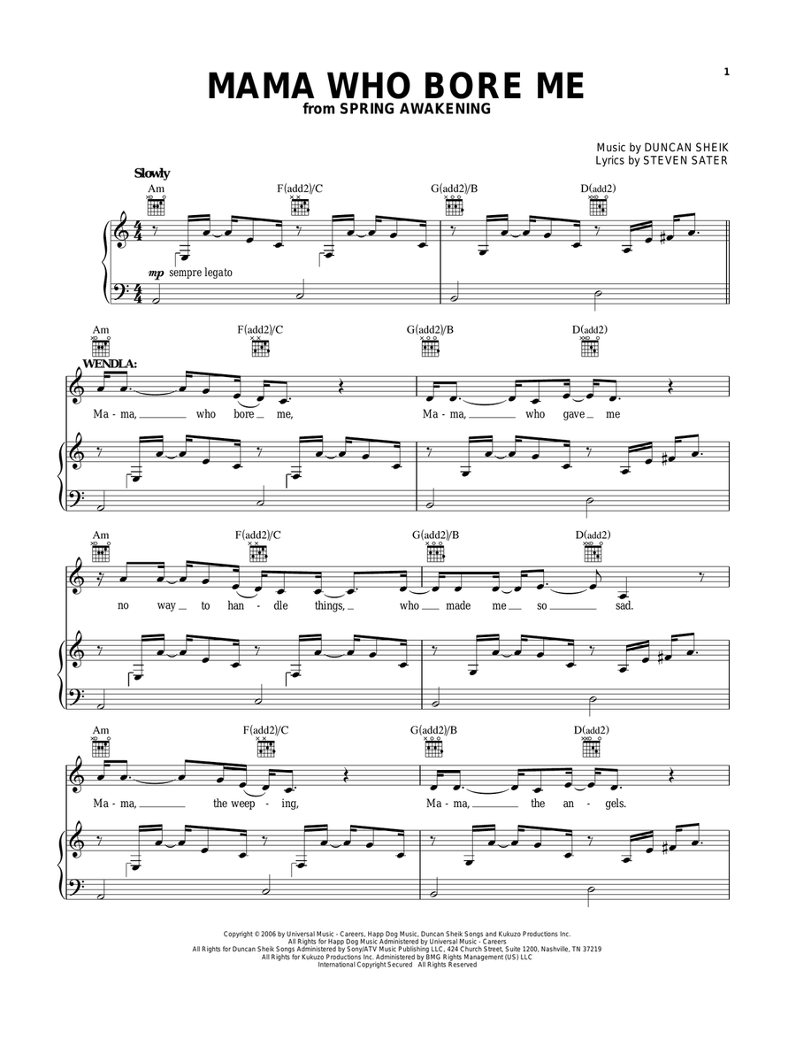 Mama Who Bore Me (from Spring Awakening) Piano, Vocal, Guitar scores gallery preview page 1