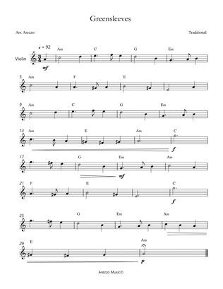 Greensleeves - Lead Sheet for Violin Melody and Chords
