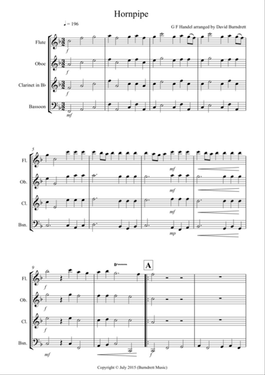 Hornpipe from Handel's Water Music for Wind Quartet Woodwind Quartet scores gallery preview page 1