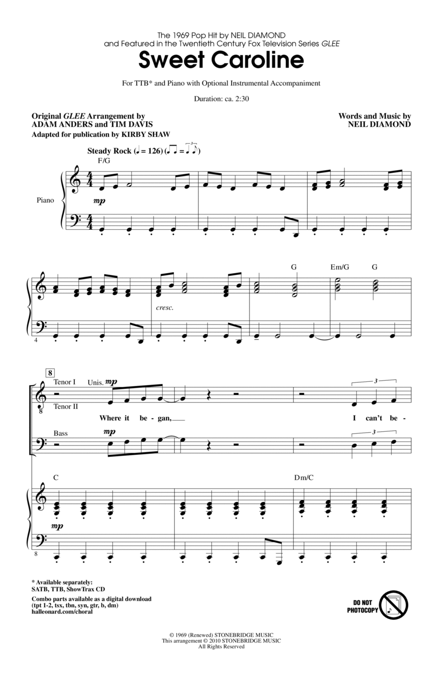 Sweet Caroline (Ed. Kirby Shaw) TTBB scores gallery preview page 1