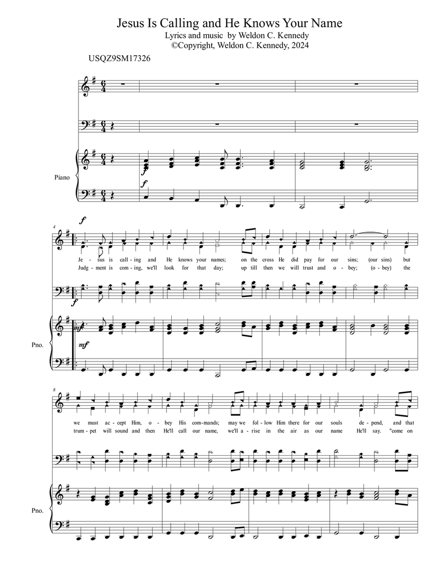 Jesus Is Calling and He Knows your Name Choir scores gallery preview page 1