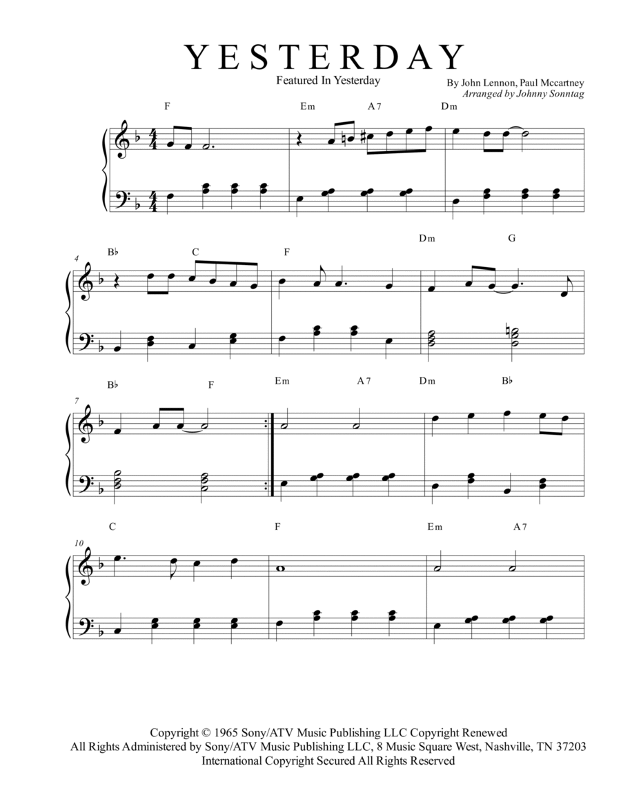 Yesterday Yesterday Easy Piano scores gallery preview page 1