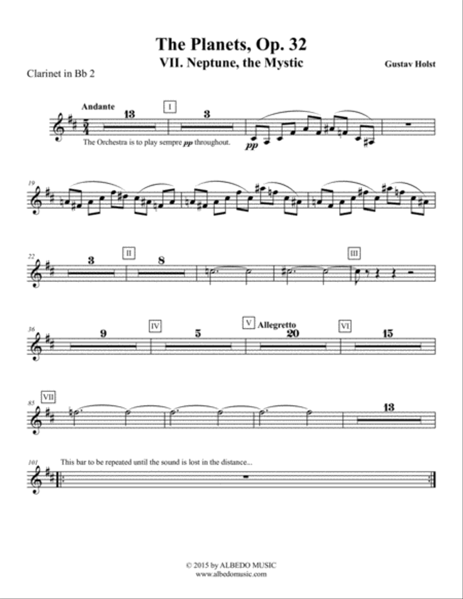 Holst The Planets, VII. Neptune, the Mystic - Clarinet in Bb 2 (Transposed Part), Op. 32 B-Flat Clarinet scores gallery preview page 1
