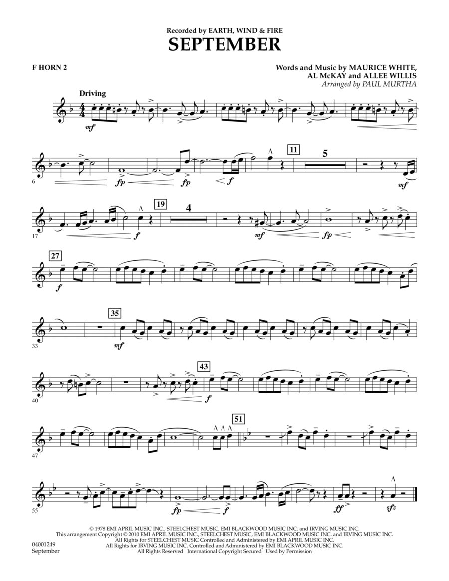 September (arr. Paul Murtha) - F Horn 2 Concert Band scores gallery preview page 1