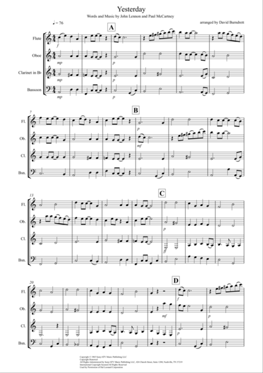 Yesterday Woodwind Quartet scores gallery preview page 1