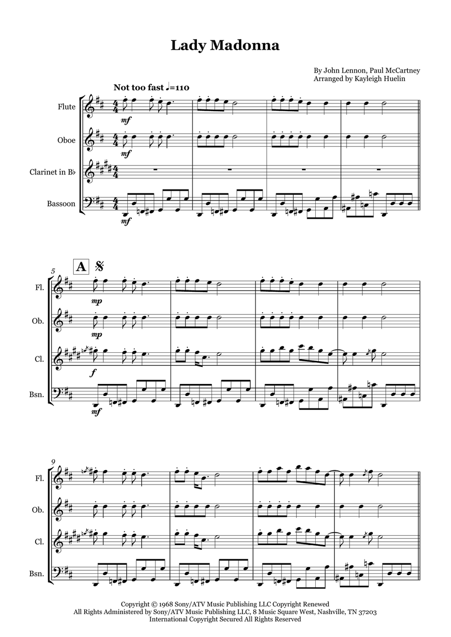 Lady Madonna Woodwind Quartet scores gallery preview page 1