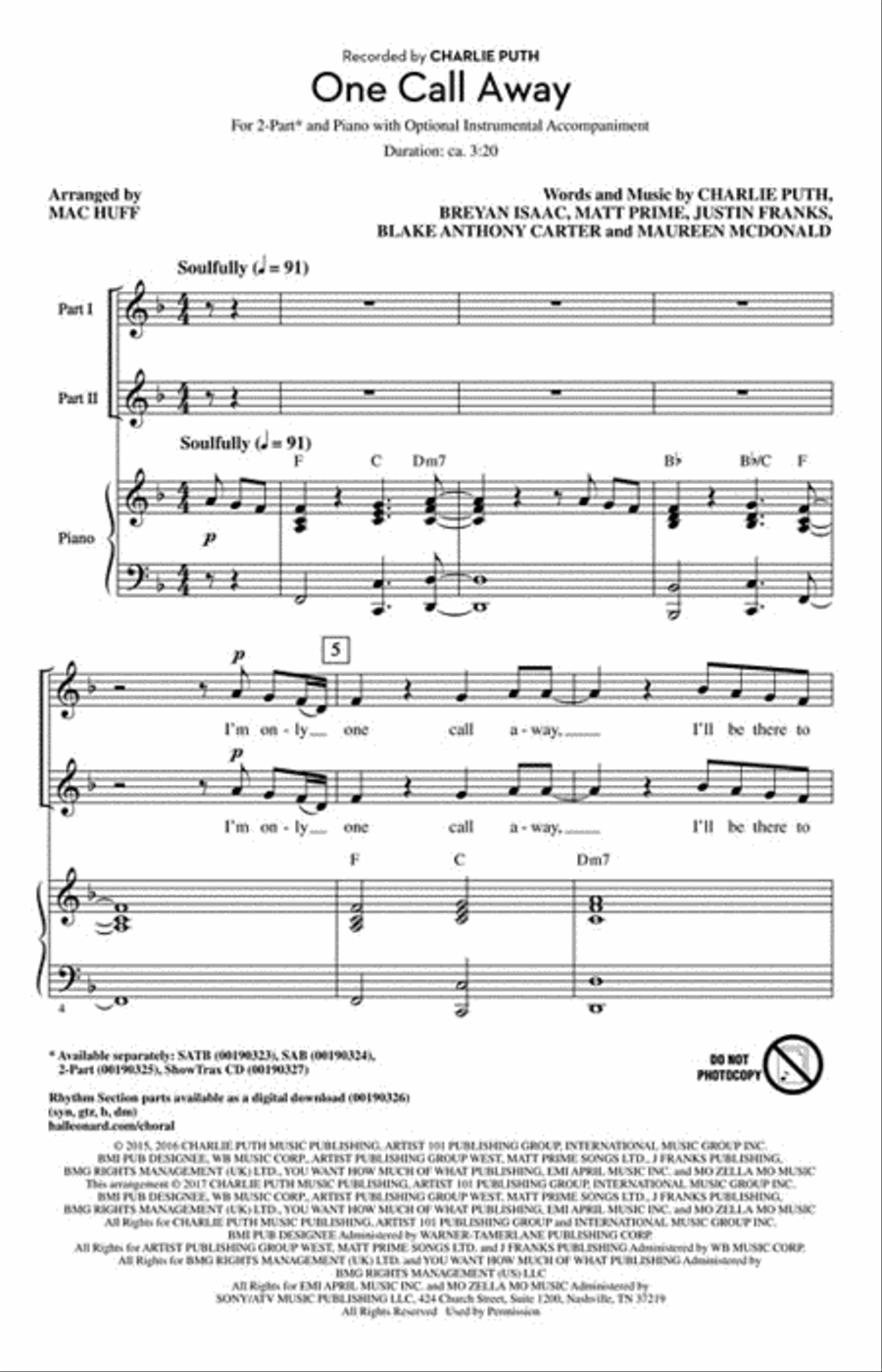 One Call Away One Call Away 2-Part scores gallery preview page 2
