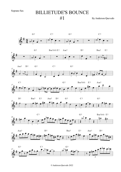 Billietude's Bounce #1 for Soprano Saxophone - Easy Intermediate Blues/Jazz Original Etude image number null