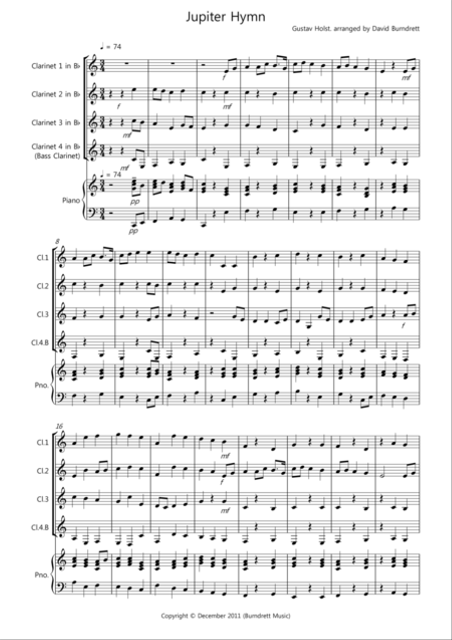 Jupiter Hymn for Clarinet Quartet Clarinet Quartet scores gallery preview page 1