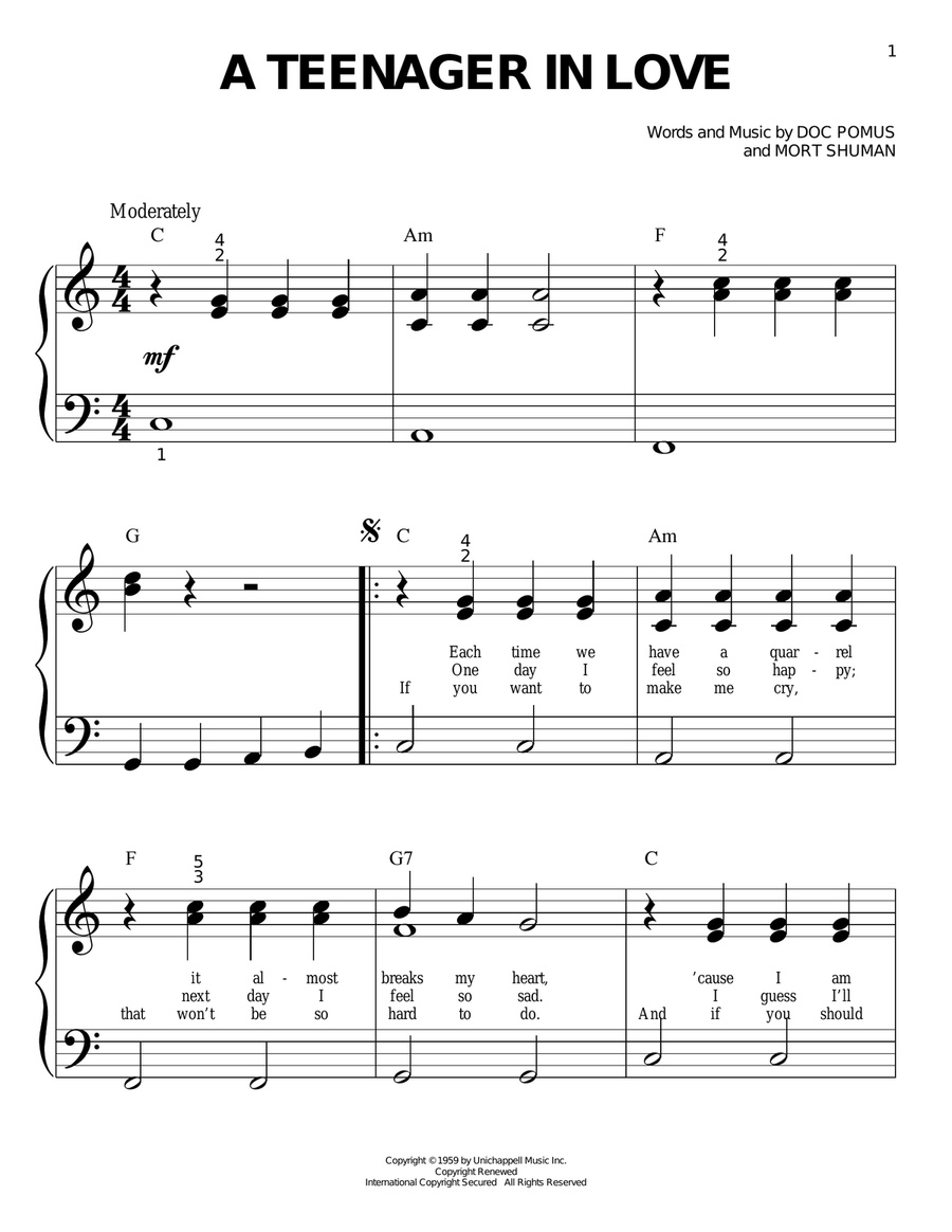 A Teenager In Love A Teenager In Love Easy Piano scores gallery preview page 1