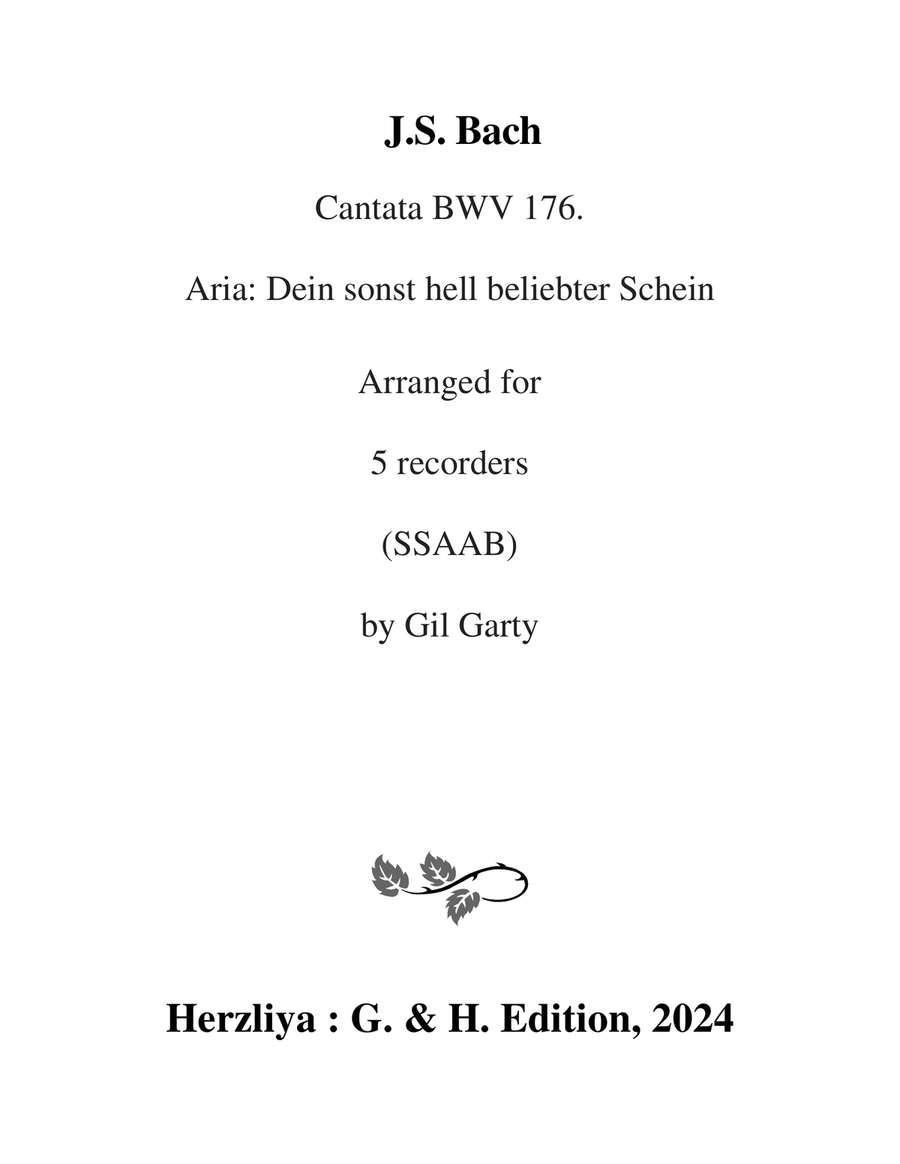Aria: Dein sonst hell beliebter Schein from cantata BWV 176 (arrangement for 5 recorders) Soprano Recorder scores gallery preview page 1