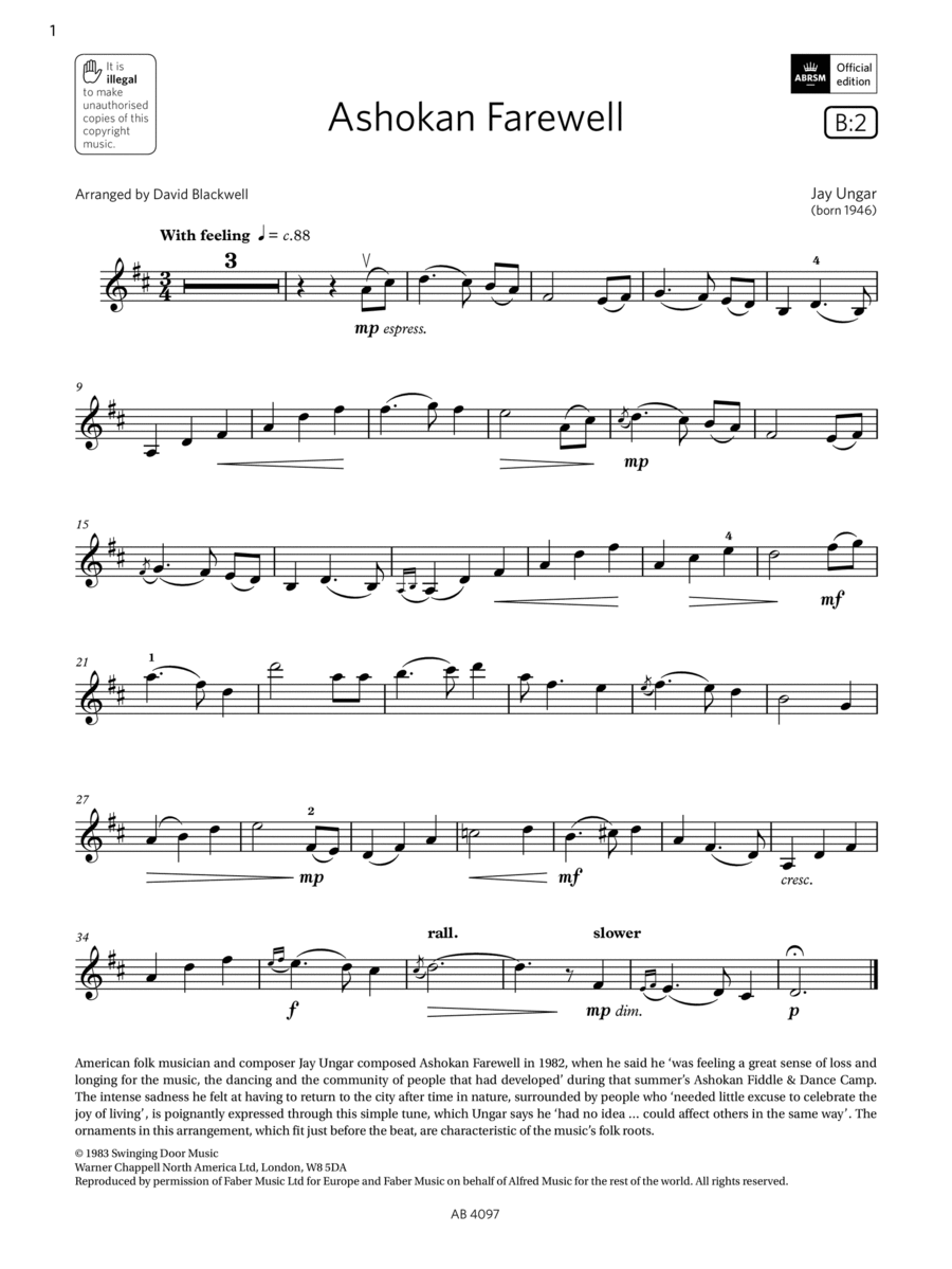 Ashokan Farewell (Grade 3, B2, from the ABRSM Violin Syllabus from 2024) Violin Solo scores gallery preview page 1