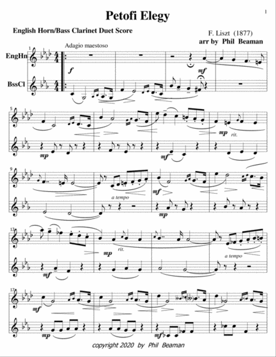 Petofi Elegy-Liszt-english horn-bass clarinet duet Clarinet Duet scores gallery preview page 1