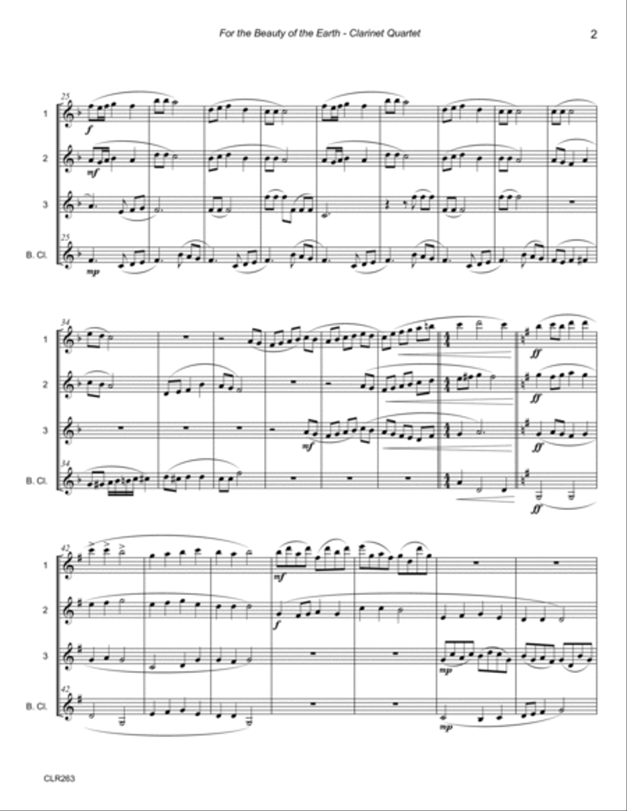 FOR THE BEAUTY OF THE EARTH - SSSB or SSSS CLARINET QUARTET Clarinet Quartet scores gallery preview page 2