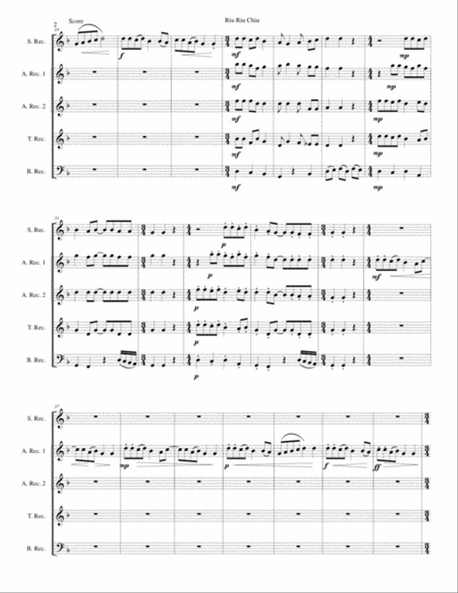 Riu Riu Chiu arranged for recorder quintet (soprano, 2 altos, tenor, bass) Soprano Recorder scores gallery preview page 2