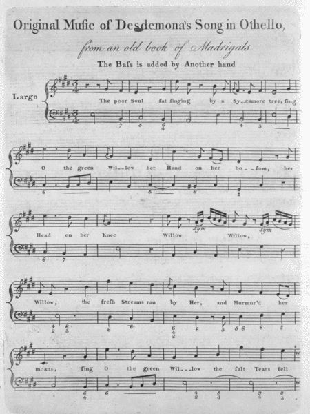 Original Music of Desdemona's Song in Othello, from an Old Book of Madrigals