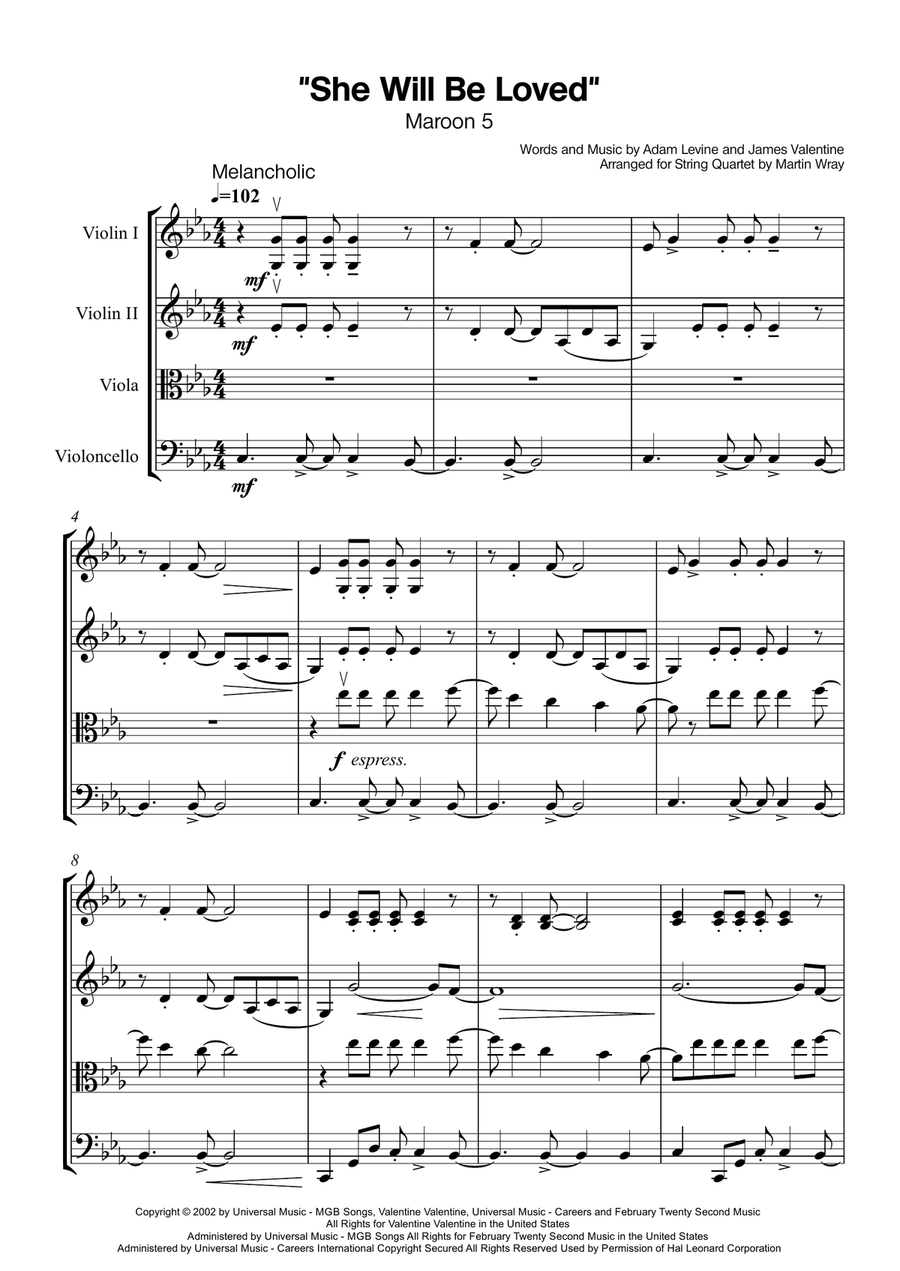 She Will Be Loved String Quartet scores gallery preview page 1
