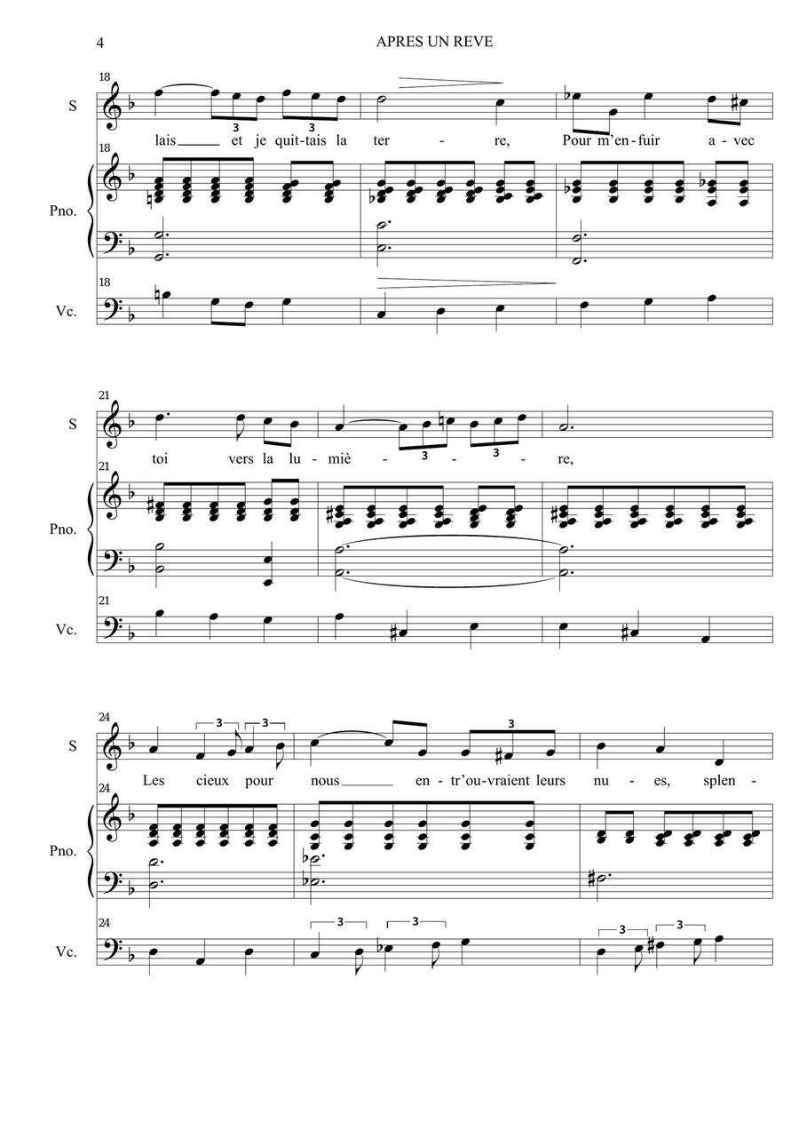 APRES UN REVE - Faure - Arr. for Soprano, Piano (and Cello ad libitum) Small Ensemble scores gallery preview page 4