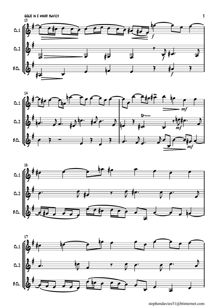 Gigue in E Minor by J.S.Bach BWV829a, for Clarinet Trio. Clarinet Trio scores gallery preview page 3