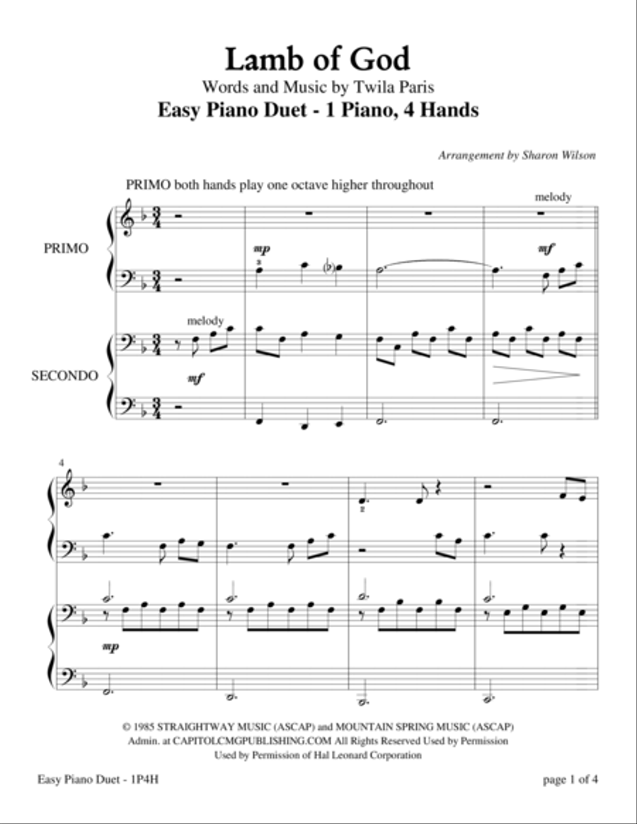 Lamb Of God 1 Piano, 4-Hands scores gallery preview page 4