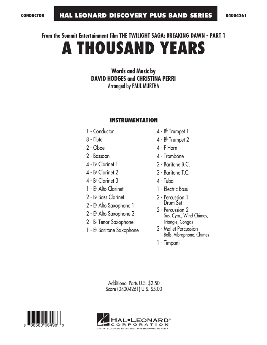 A Thousand Years (from The Twilight Saga: Breaking Dawn, Pt 1) - Conductor Score (Full Score) Concert Band scores gallery preview page 1