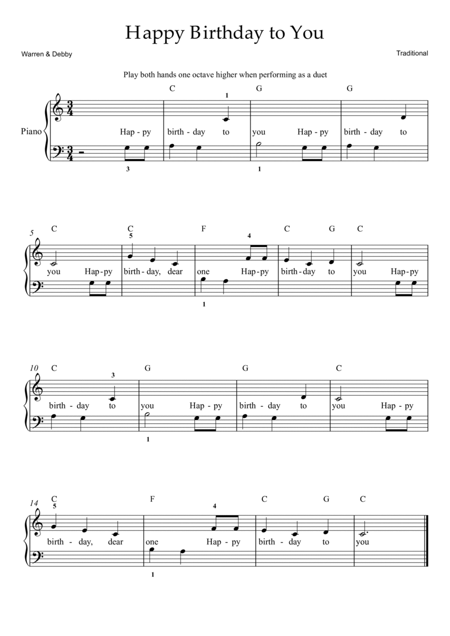 Happy Birthday To You Piano, Vocal, Guitar scores gallery preview page 1