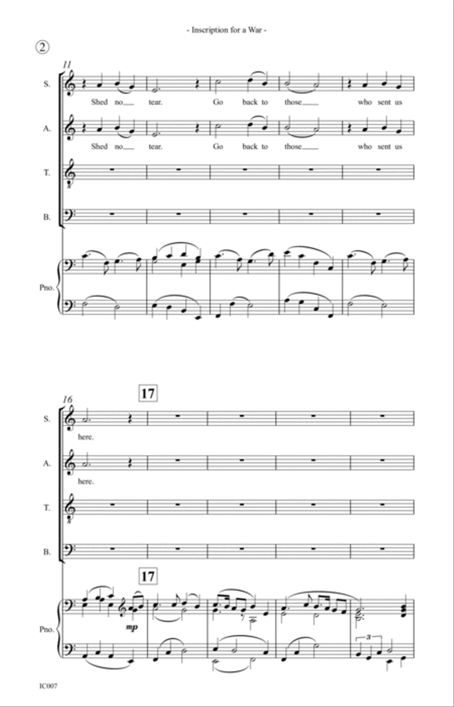 Inscription for a War - for SATB Choir & Piano image number null