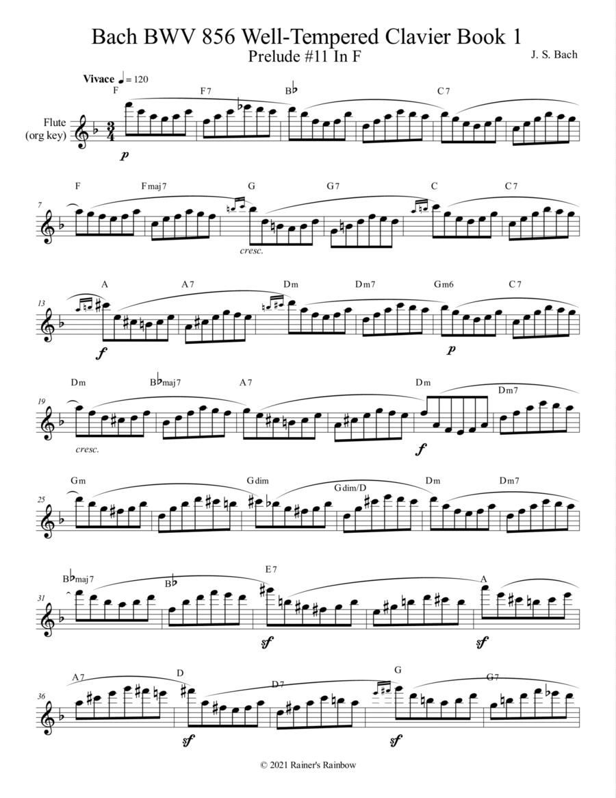 Bach BWV 856 Well-Tempered Clavier Book 1 Prelude 11 In F Flute Oboe Sax Study