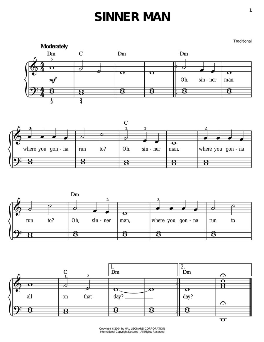 Sinner Man Easy Piano scores gallery preview page 1