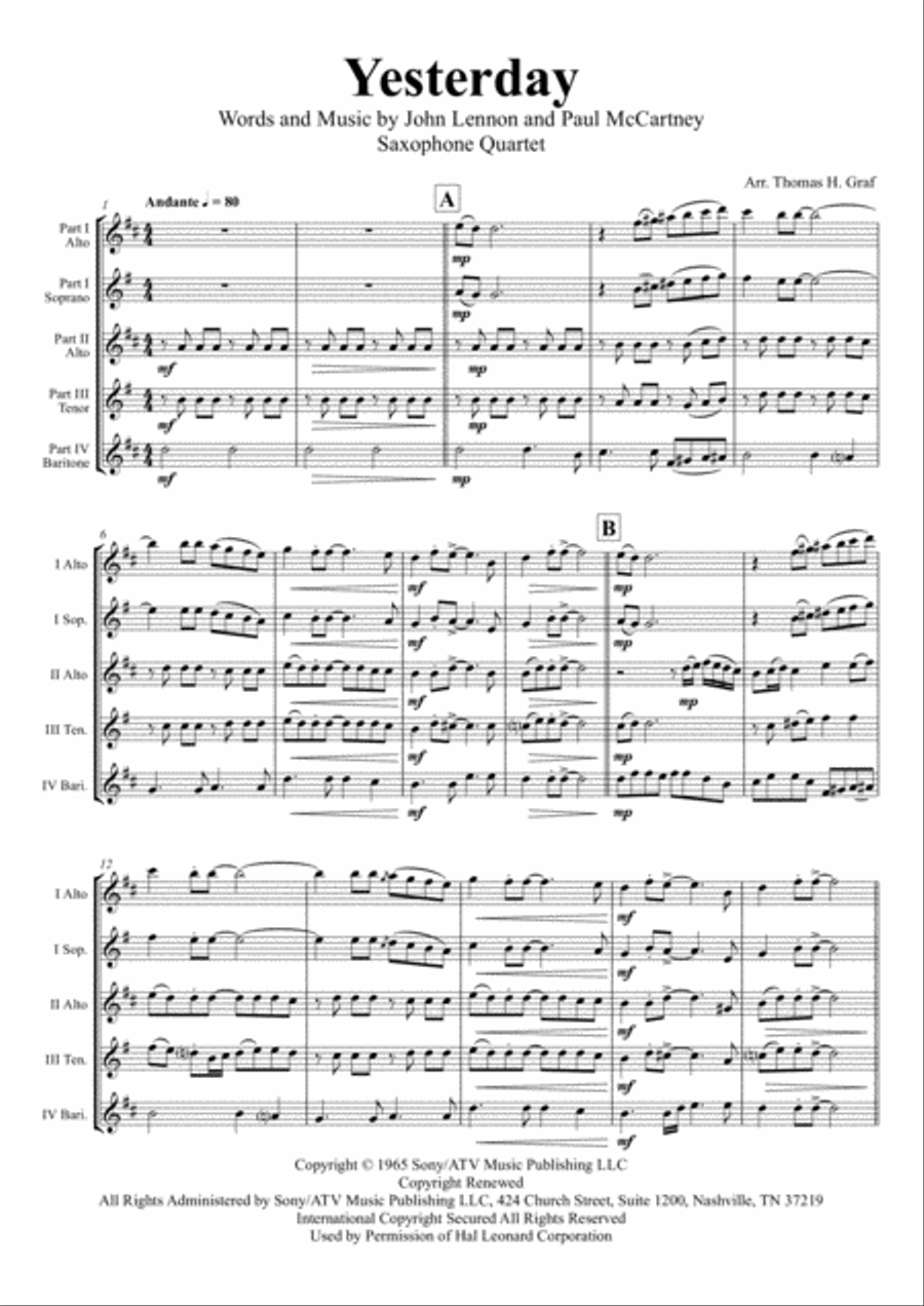 Yesterday Woodwind Quartet scores gallery preview page 1