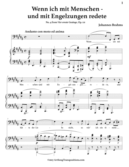 BRAHMS: Wenn ich mit Menschen und mit Engelzungen redete, Op. 121 no. 4 (in B Major, bass clef)